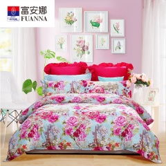 富安娜家紡原創印花套件絢爛典雅純棉四件套艷冠群芳紅色1.5m床適用